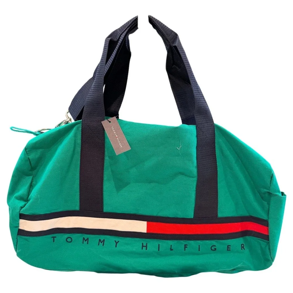 Tommy Hilfiger Duffel Bag Green Navy Trim Logo‎ Stripe Gym Travel Carry On NEW